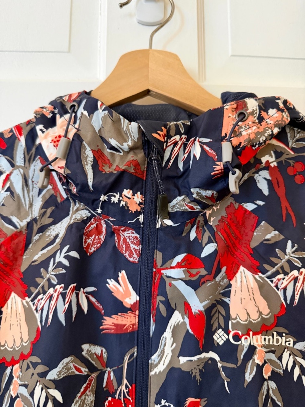 Columbia Women's Navy Floral Hooded Raincoat with Red & Pink Bird Accents - Picture 4 of 4